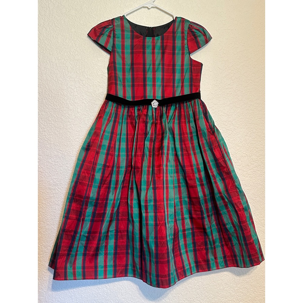 Kids Dream Girls Red Green Plaid Holiday Christmas Party Dress Velvet Trim 11/12